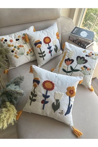 en gözde home Punch Embroidered 4 Pieces Throw Pillow Cover