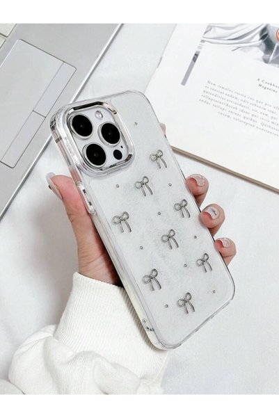 daystar iPhone 12 Compatible Transparent Durable Phone Case with Bow Pattern and Pearls