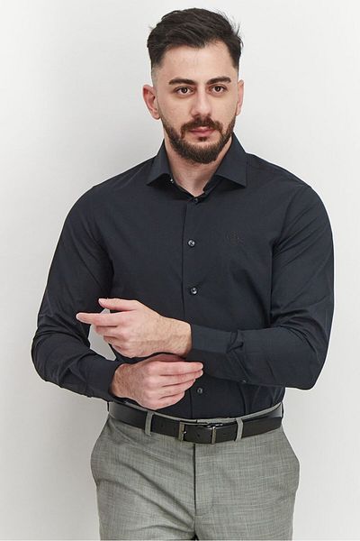 Roberto Cavalli Men Slim Fit Embroidered Logo Long Sleeve Dress Shirt, Black
