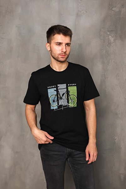 DK DAKSEL Ανδρικό μπλουζάκι με στάμπα βασικού ποδηλάτου σε μαύρο χρώμα Dks4236
