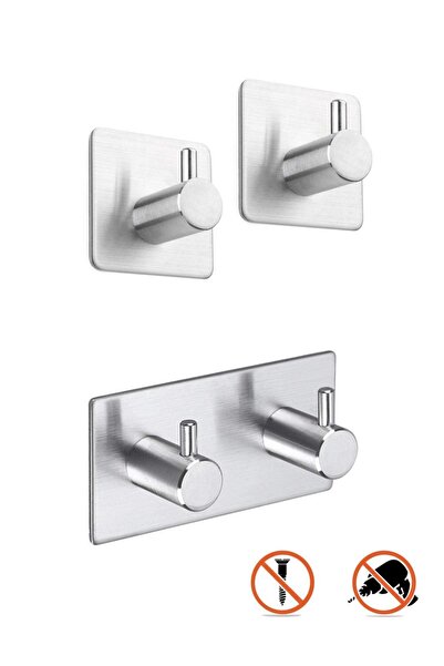 DELTAHOME Paslanmaz Çelik Yapışkanlı Bornoz Askısı Ve 2 Adet Havluluk Set Anında Kolay Montaj Vida Yok!