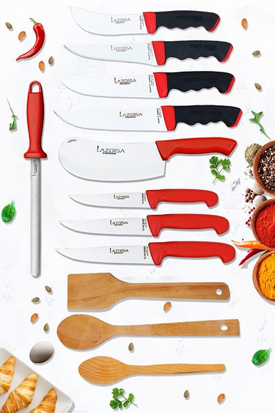 LAZBİSA Soft Grip Series - Kitchen and Pastry Knife Set, Wooden Wood and Spoon (12 Pieces)