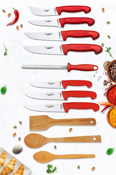 LAZBİSA Silver Series Kitchen Knife Set - Masat, Montesev and Wooden Spoon (11 Pieces)