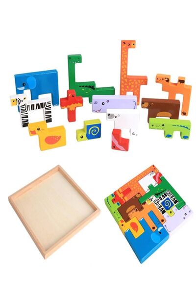 RoseRoi Ahşap Hayvanlar Animals Puzzle Yapboz Bultak Tetris Eğitici Oyuncak