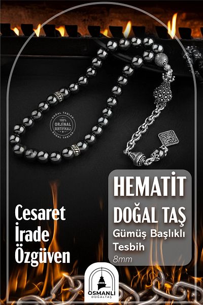 OSMANLI DOĞAL TAŞ 8mm Hematite Natural Stone - Silver Rosary