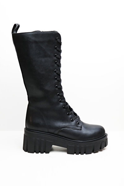 inroen Bağcıklı Kalın Taban Diz Altı Kalın Topuklu Kadın Postal Siyah