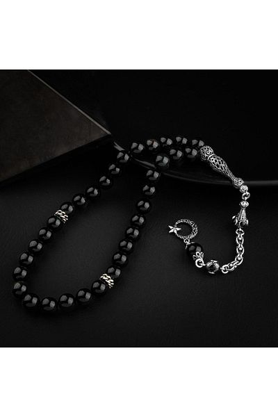 OSMANLI DOĞAL TAŞ 10mm Obsidian Natural Stone - Silver Rosary