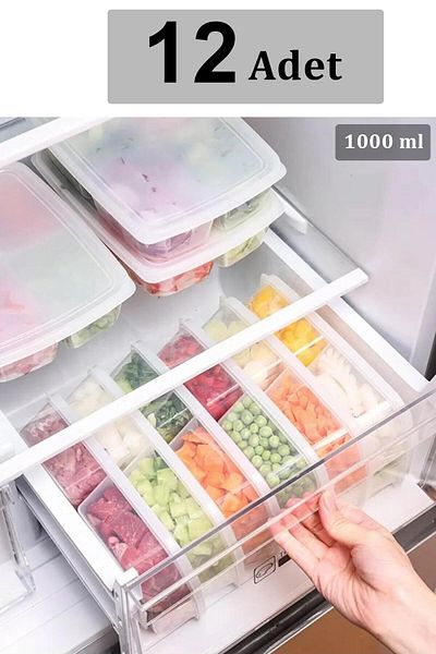 KRM HOME 1 Lt Frozen 12 Pieces 4 Compartments Meat and Vegetable Storage Container - Non-Breathable Freezer