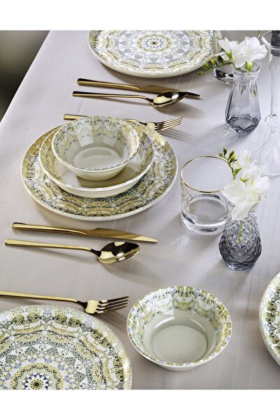 NESS HOME 12 Parça 4 Kişilik Mozaik Bahçesi Porselen Yemek Takımı  - New Bone...