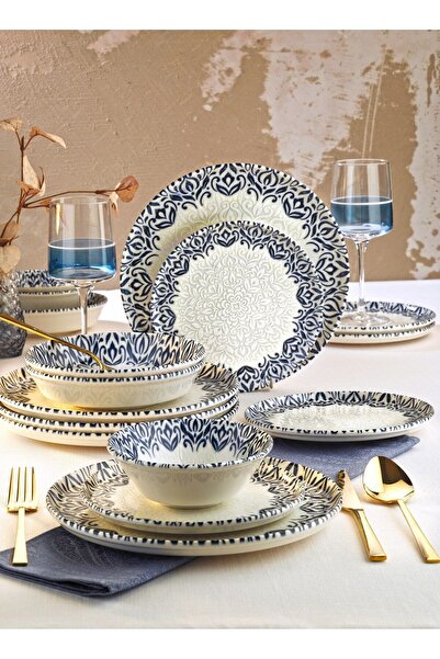 NESS HOME 24 Parça 6 Kişilik Lale Lacivert Kenarlı New Bone Porselen Yemek Ta...