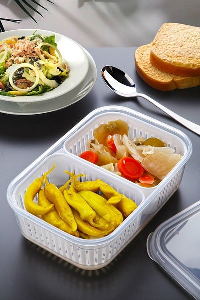 Kitchen Life 2 Compartment Pickle Holder with Strainer - Meat and Vegetable Storage Container Set Frozen Food Organizer
