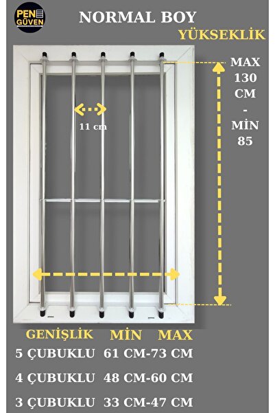 PenGüven White Portable - 4 Bars, Vertical, 85-130 CM Regular Size Window Guard and Safety Systems
