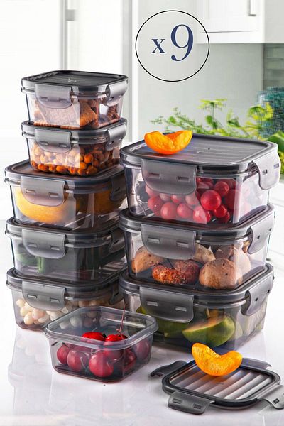 Kitchen Life Set of 9 Full Vacuum Locking Food Storage Containers - Airtight (400ml X 800ml X 1400ml) Leak Proof