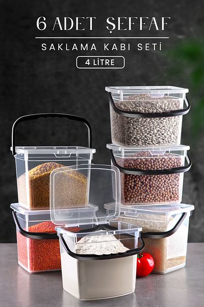 Kitchen Life Mega Size 6-Piece Square Flour Palm Container (4 Liters) - Detergent Storage Box Container with Handle 6 Pieces