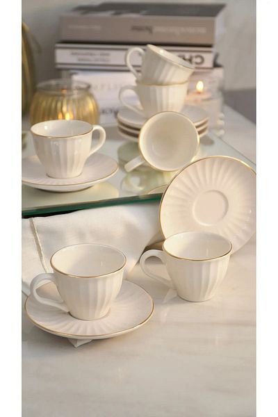 Kitchen Life 12 Pieces Simple Rose Striped and Gold Gilt Coffee Cup Set for 6 People - Coffee Cup Set