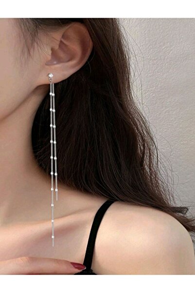 TakıConcept Gümüş Kaplama Top Zincirli Uzun Küpe, Kadın Küpe