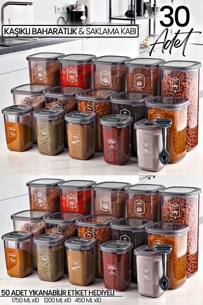Kitchen Life 30-Piece Labeled Square Food Storage Container and Spice Bowl Set with Spoon - (1750ML 1200ML 400 ML)