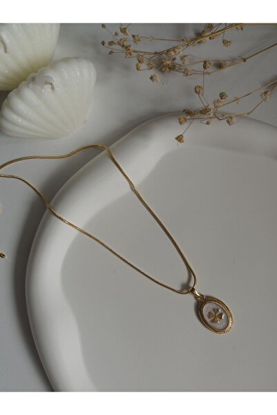 Vola Collection Handmade Pirinç Üzeri Altın Kaplama Oval Yonca Plaka Kadın Ko...