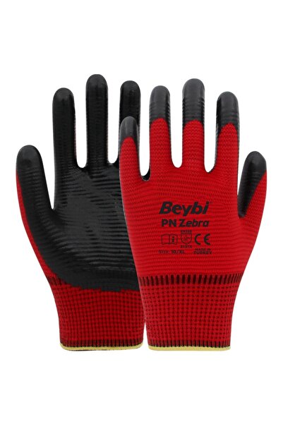 Beybi Pn Zebra Polyester Knitted Nitrile Gloves-Red-No:10 - 1 Pair