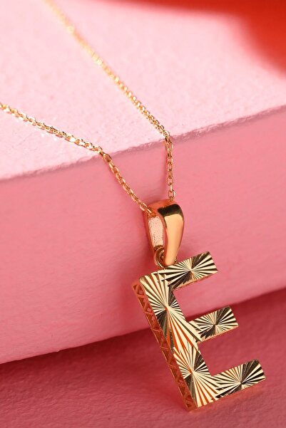 MOOM MÜCEVHERAT Kadın 14 Ayar Altın Harf Kolye E Harfi Altın Kolye Zincirli K...