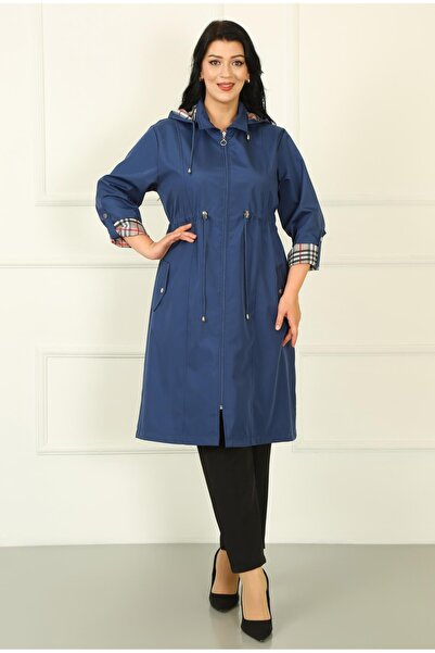 By Alba Collection Жіночий індіго довгий картатий тренч великого розміру