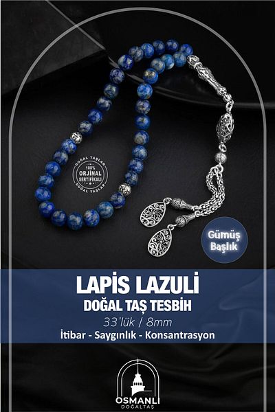 OSMANLI DOĞAL TAŞ 8mm Lapis Lazuli Natural Stone - Silver Rosary