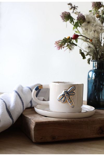 Xhoie Ceramics Dragonfly Patterned Embossed Ceramic Coffee Cup - 100% Handmade