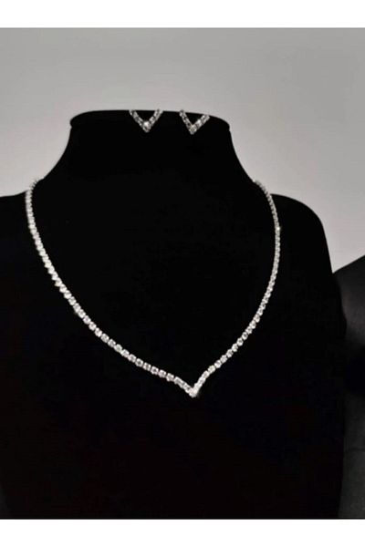 Ümaks Silvers Waterway V Model Evening Dress and Necklace Earring Set