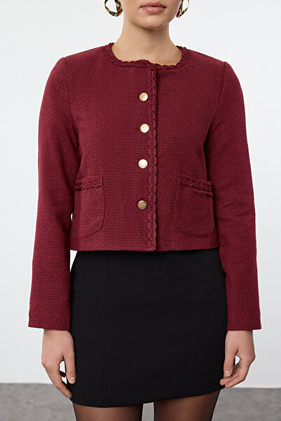 Trendyol Collection Vínová bunda Crop Woven Tweed TWOAW24CE00043