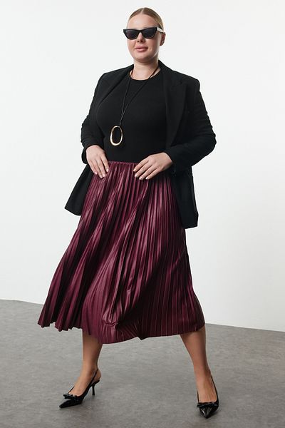Trendyol Curve Plus Size Burgundowa Spódnica Plisowana - Elastyczna Gumka, Tbbaw25Az00013