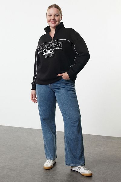 Trendyol Curve Φούτερ FleeceOversize Knitted- Μαύρο, με φερμουάρ, εμπριμέ Tbbaw25ao00029