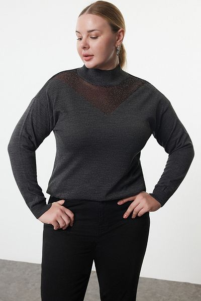 Trendyol Curve Antracitový pletený svetr s límečkem - tyl Detailní Tbbaw24An00008