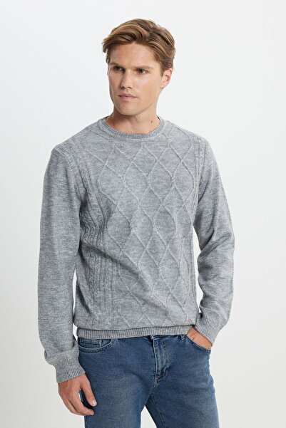 ALTINYILDIZ CLASSICS Pulover pentru bărbați, gri Melange, cu croială normală, cu decolteu turn, cu volane, cu textura moale