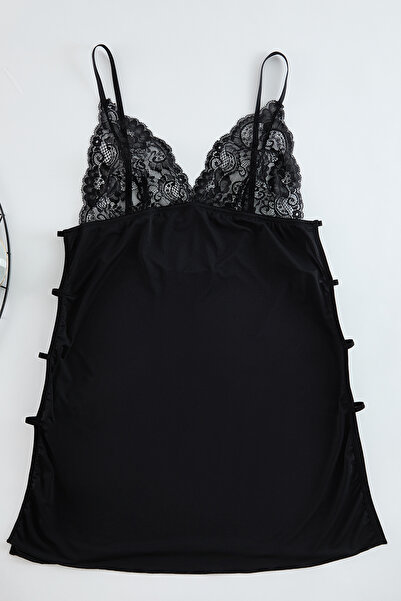 Trendyol Curve plus Size Μαύρο πλεκτό Babydoll - Λουράκι με σχοινί, Λεπτομέρεια αποκοπής, TBBAW25DH00000