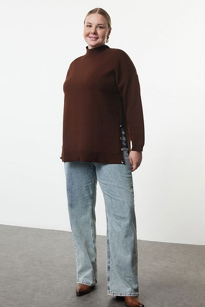 Trendyol Curve Turtleneck Sweater - Brown, Button Detailed TBBAW24AN00076