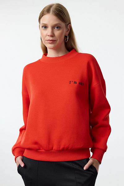 Trendyol Collection Red Fleece Thick Inner Slogan Embroidered Knitted Sweatshirt - TWOAW21SW1061