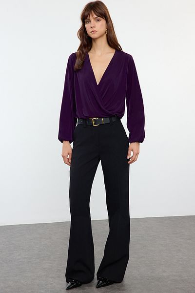 Trendyol Collection Flexible Dark Purple Slim Fit Knitted Blouse - Double Breasted Collar Twoaw20bz0810