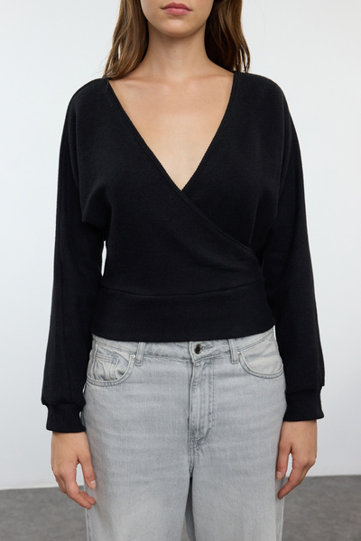 Trendyol Collection Μαύρη πλεκτή μπλούζα με ελαστικό κορδόνι - κανονική εφαρμογή TWOAW25BZ00101