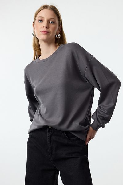 Trendyol Collection Crew Neck Anthracite Knitted SWeatshirt - Soft Button, Wide Cut TWOAW25sw00077