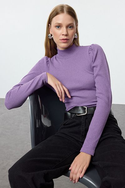Trendyol Collection Ευέλικτη πλεκτή μπλούζα λιλά με κορδόνι - γιακάς, μπαλόνι μανίκι, εφαρμογή σώματος TWOAW25BZ00077