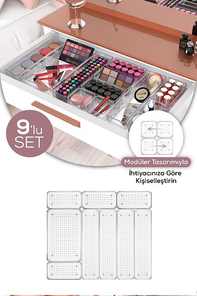 Vienev 9-Pack Clear Organizer - In-Drawer Organizer, 4X(D.Dkdrtgn,K.Dkdrtgn) 1X(O.Dkdrtgn)