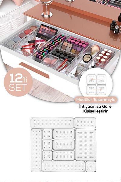 Vienev 12-Piece Transparent Drawer Organizer 3x(D.DKDRTGN) 4x(K.DKDRGN,K.KARE) 1x(O.DKDRGN)
