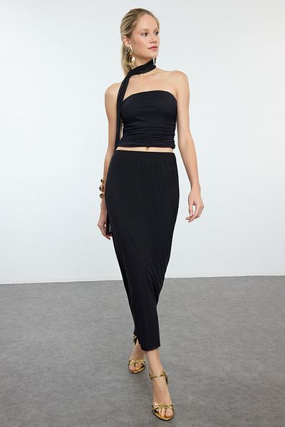 Trendyol Collection Black Leopard Print Body-Fitting Tulle Knitted Midi Skirt Tpraw25Et00003