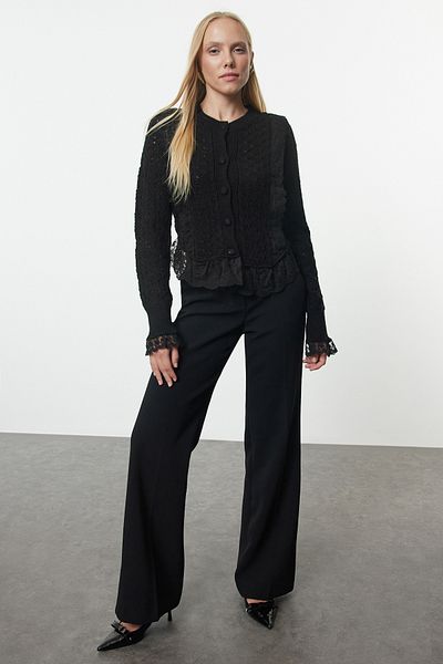 Trendyol Collection Black Crop Lace Garnish Openwork/Hollowed Knitwear Cardigan Twoaw24Kz01059