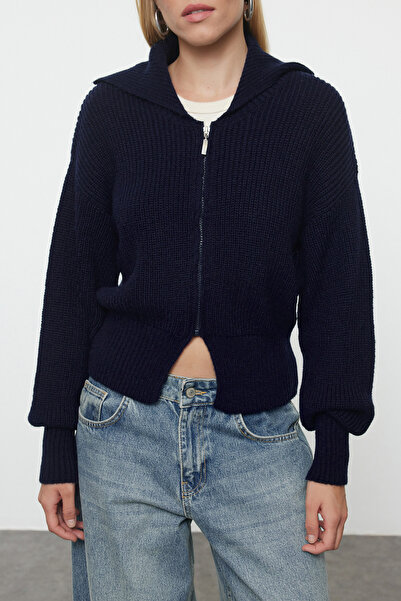 Trendyol Collection Sötétkék lehajtható galléros cipzáras puha kötött kardigán - Fenntartható TWOAW25HI00324