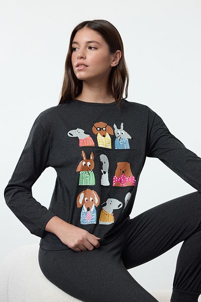 Trendyol Collection Animal Printed Anthracite Knitted Sleepwear Set - THMAW25PT00144