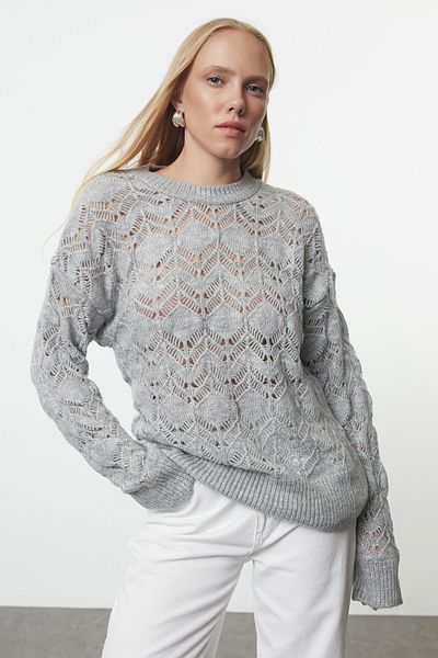 Trendyol Collection Crew Neck Gray Knitwear Sweater - Openwork/hole Twoaw25kz00339