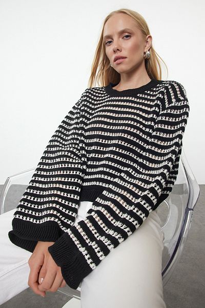 Trendyol Collection Crew Neck Striped Openwork Knitwear Sweater - Black Crop Twoaw25Kz00344