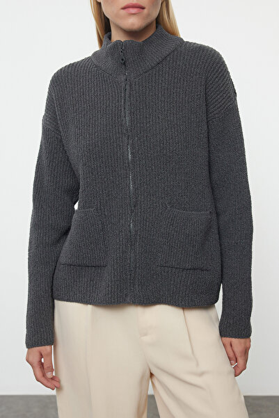 Trendyol Collection Anthracite Soft Texture Wide Fit Knitwear Cardigan - Pocket Detailed, Sustainable Twoaw25Hi00314