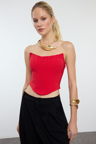 Trendyol Collection Rotes Crop-Corset-Look, gewebtes Bustier TPRAW25BS00004